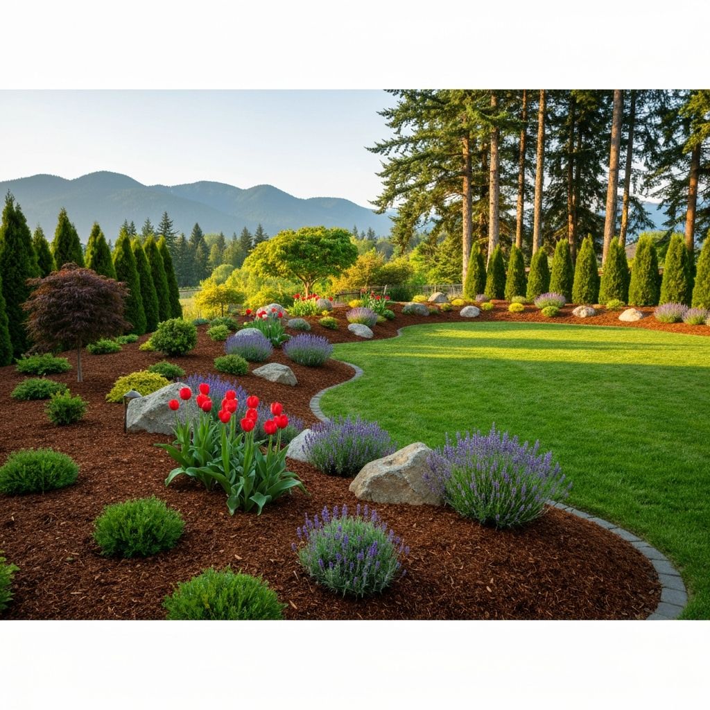 Premium garden beds with fresh mulch and ornamental plants